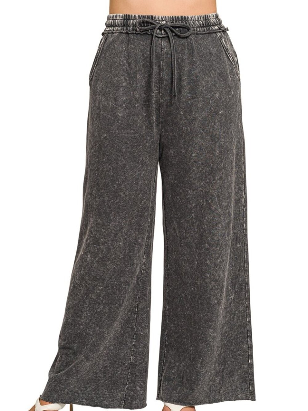 317 | Washed French Terry Wide Leg Pants - Ash Black